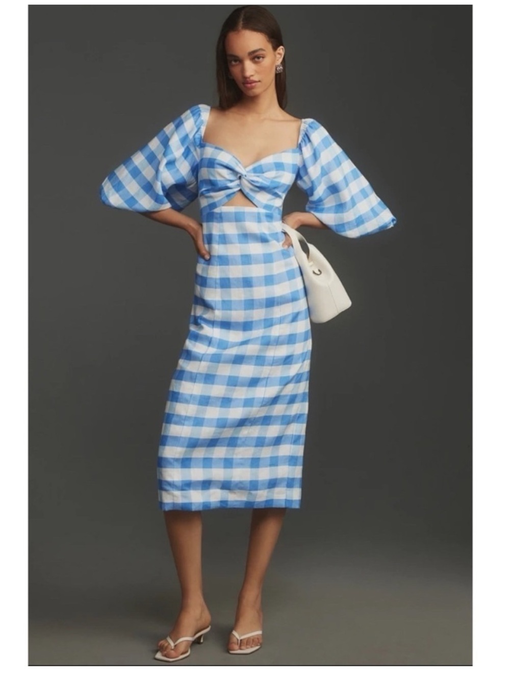 Rhode Noa Linen Blue Gingham Puff-Sleeve Midi Dress Size 8 NWT